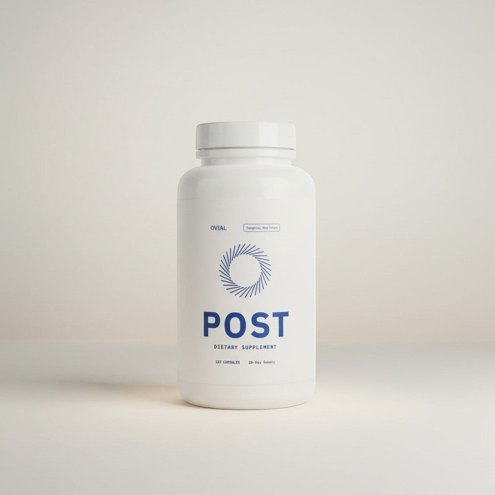 Ovial Nutrition POST dietary supplement capsules for post-operative recovery support. White bottle with blue label.