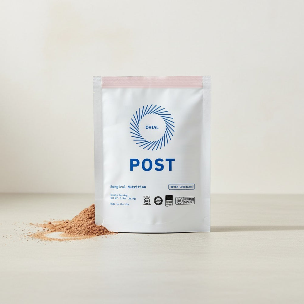 Ovial Nutrition POST Dutch Chocolate surgical nutrition powder for post-surgery recovery. Single serving packet.
