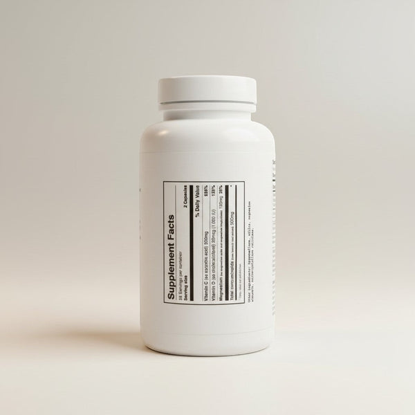 Ovial Nutrition POST Capsules for post-surgery recovery, containing Vitamin C, D, and Magnesium. White bottle with supplement facts label.